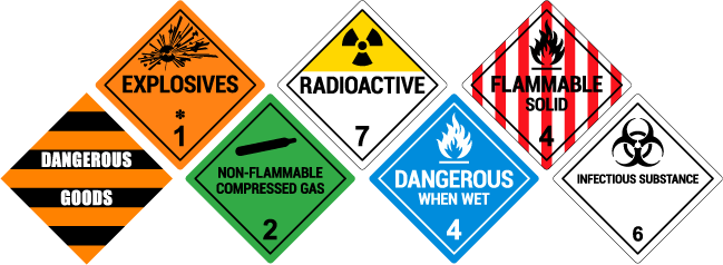 Dangerous Goods class symbols including explosives, gases, flammable solids, radioactive materials and infectious substances